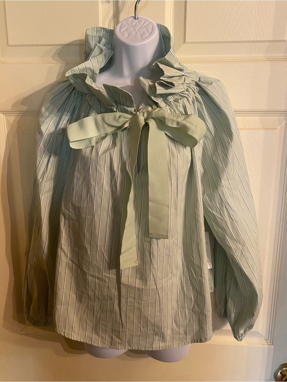 Women’s Light Mint Striped Ruffle Bow Blouse